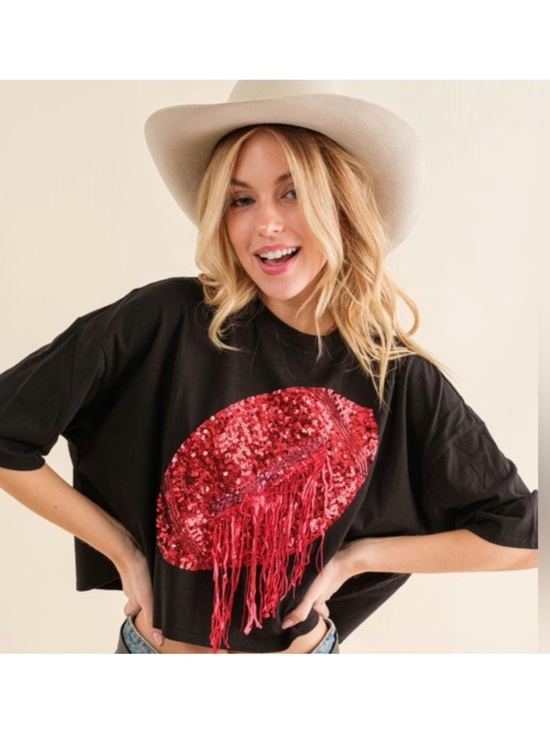 blue b Tops - $60 NWOT Blue B. Black & Red Sequin Fringe Football Cropped T-Shirt L